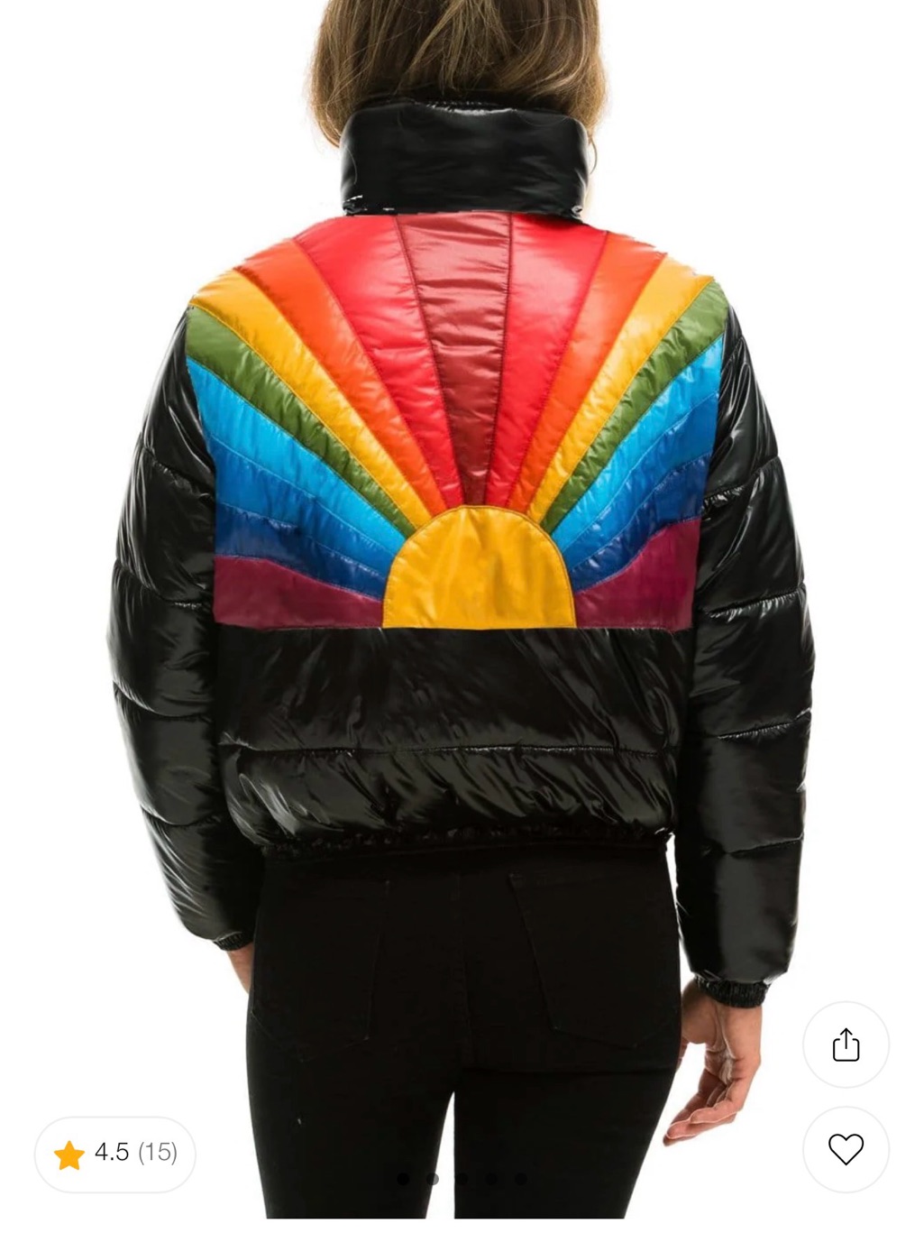 Aviator Nation Black Puffer Jacket With Rainbow Sunburst